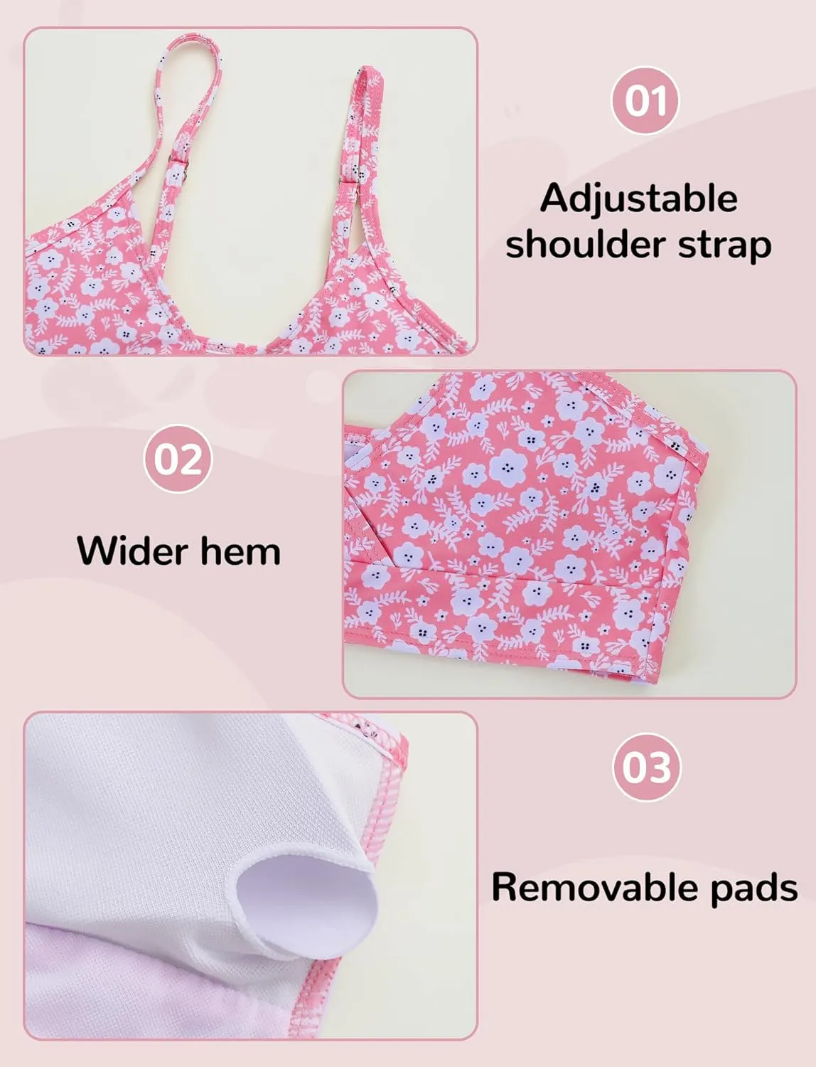 SEAUR Girls' Fashion Bikini Sets Cute 3 Piece Swimsuits V Neck Floral Printed Swimwear Beach Bathing Suit with Cover Up Skirt