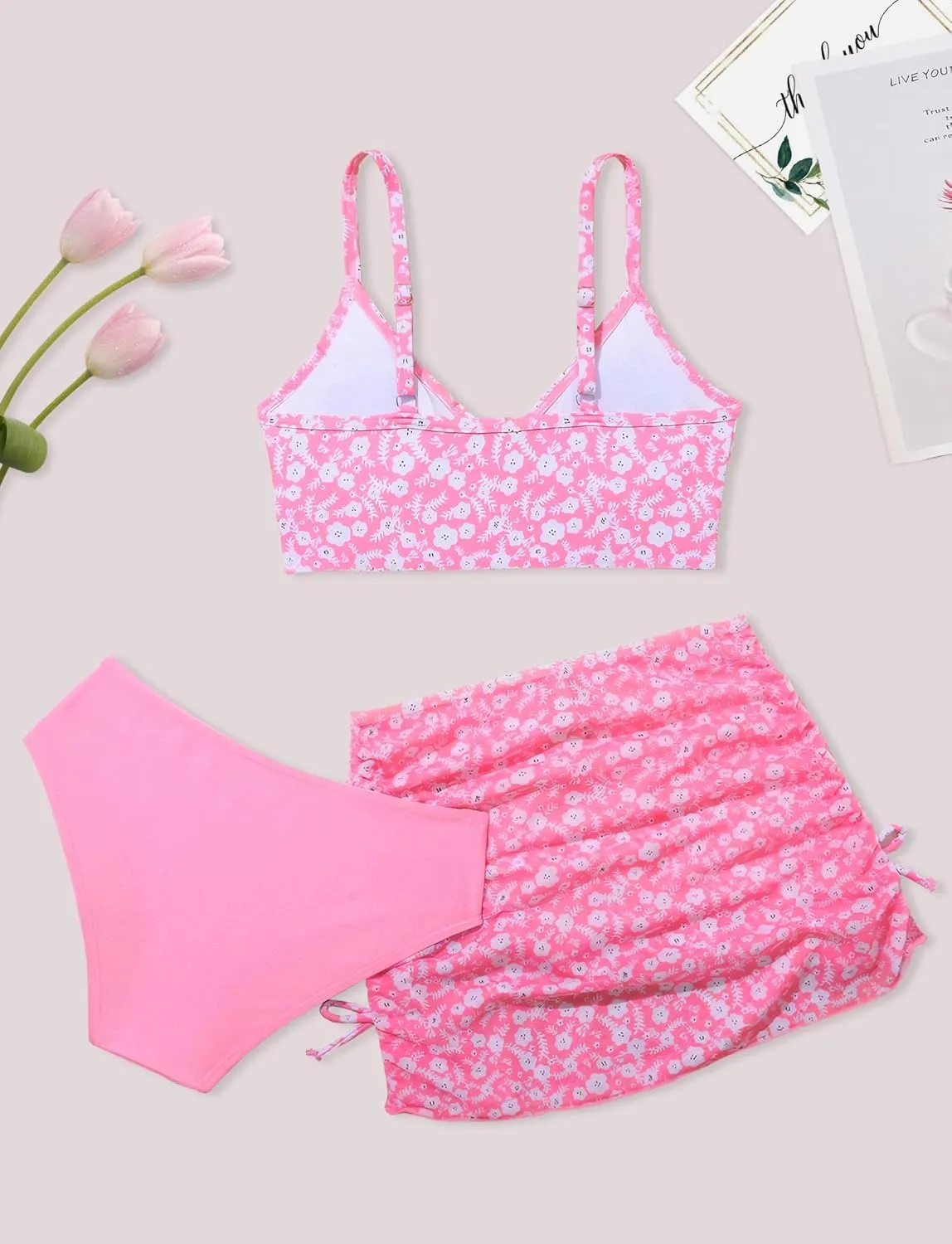 SEAUR Girls' Fashion Bikini Sets Cute 3 Piece Swimsuits V Neck Floral Printed Swimwear Beach Bathing Suit with Cover Up Skirt