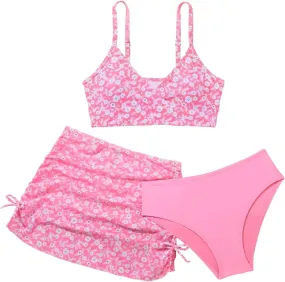 SEAUR Girls' Fashion Bikini Sets Cute 3 Piece Swimsuits V Neck Floral Printed Swimwear Beach Bathing Suit with Cover Up Skirt