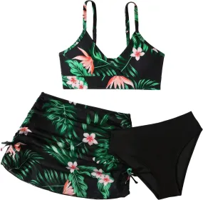 SEAUR Girls' Fashion Bikini Sets Cute 3 Piece Swimsuits V Neck Floral Printed Swimwear Beach Bathing Suit with Cover Up Skirt