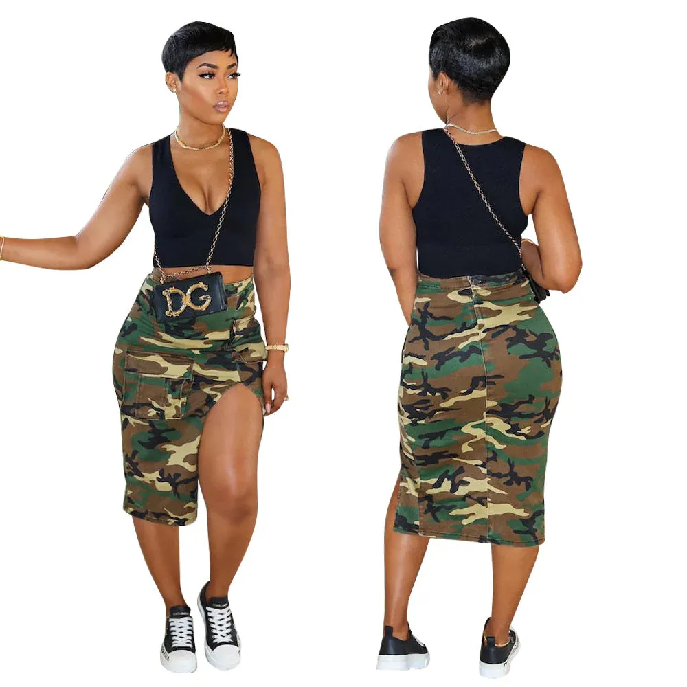 Slit Camo Hip Wrap Skirt