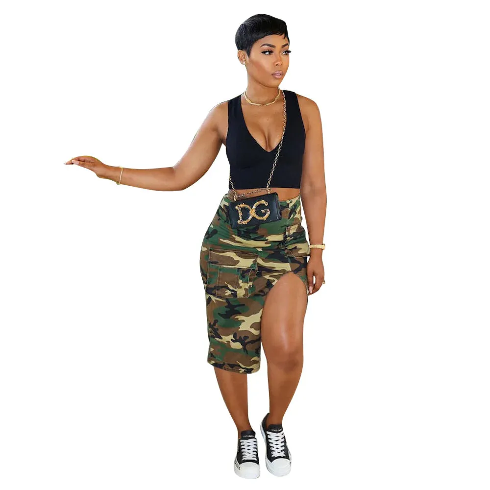 Slit Camo Hip Wrap Skirt