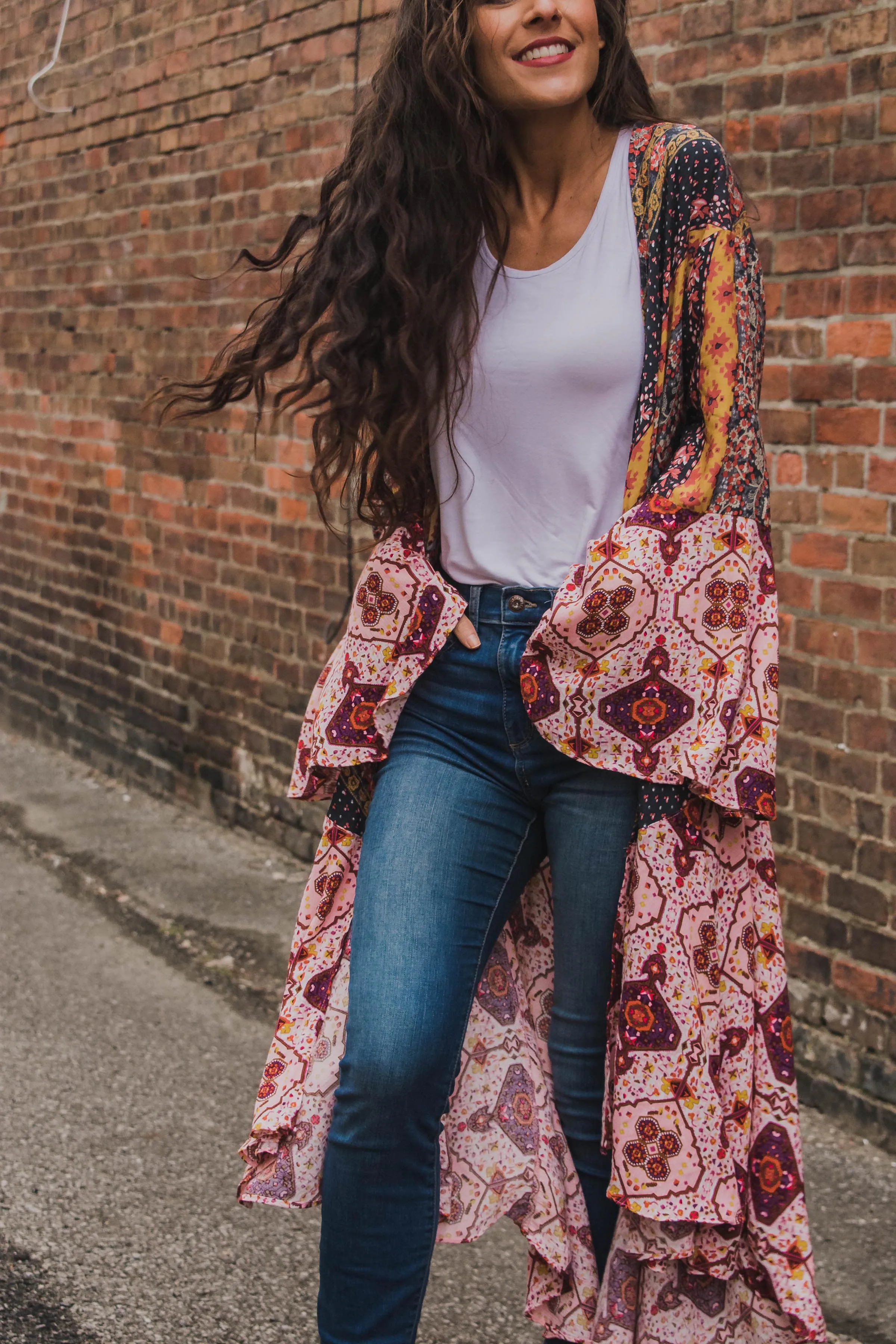 Sparrow Patchwork Ruffled Boho Kimono Duster - Berry