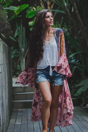 Sparrow Patchwork Ruffled Boho Kimono Duster - Berry