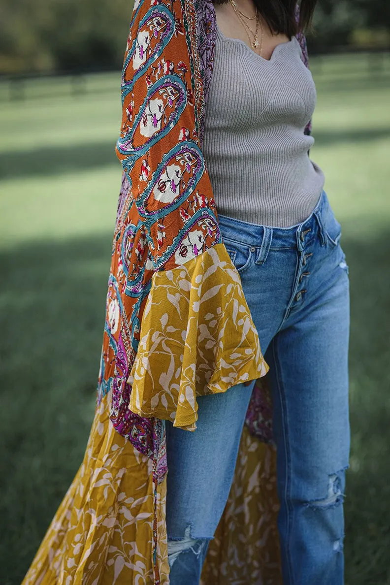 Sparrow Patchwork Ruffled Boho Kimono Duster - Mustard Mix