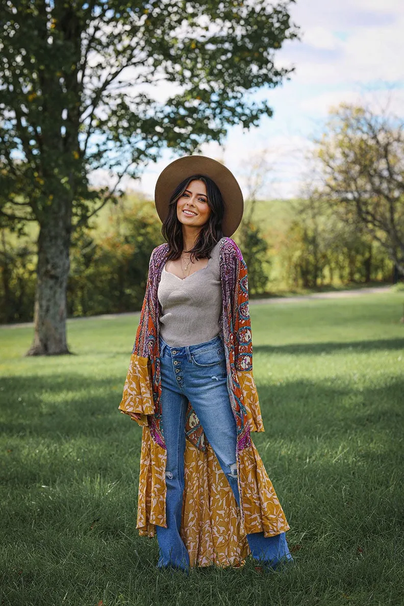 Sparrow Patchwork Ruffled Boho Kimono Duster - Mustard Mix