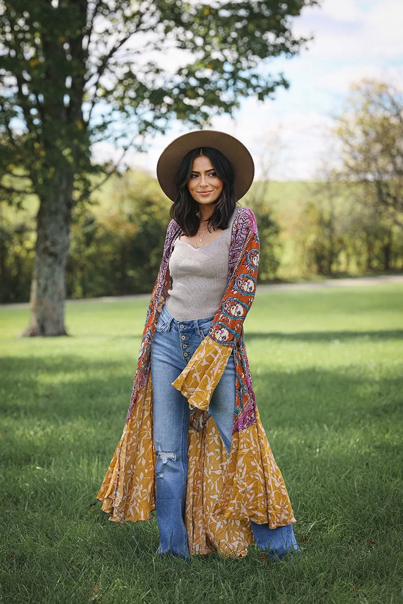 Sparrow Patchwork Ruffled Boho Kimono Duster - Mustard Mix