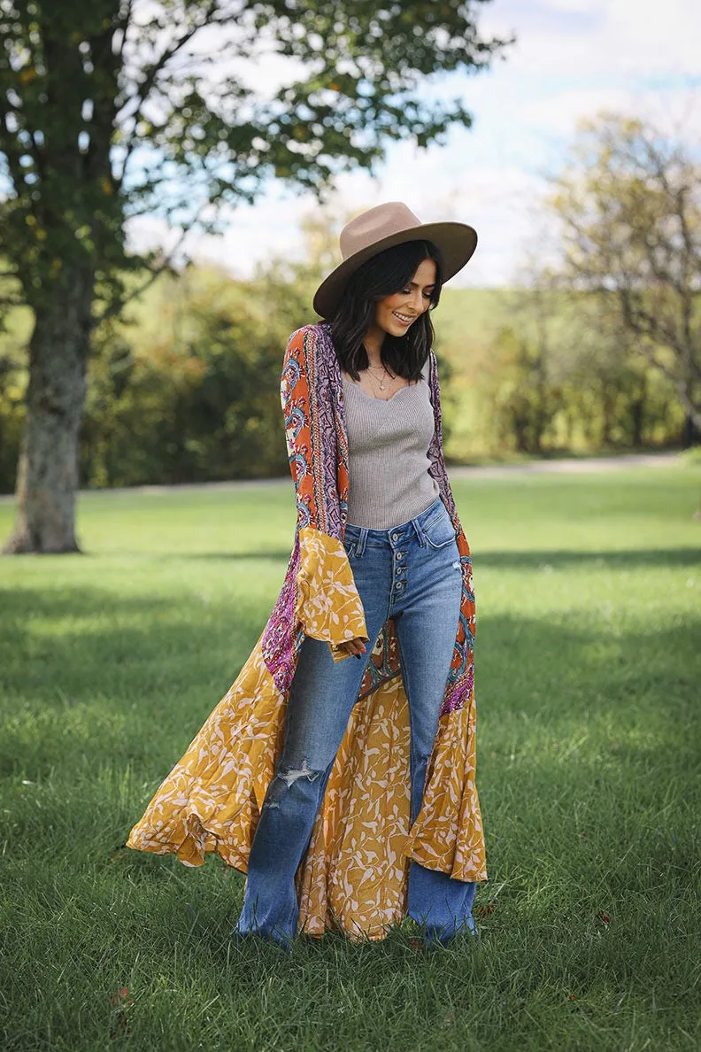 Sparrow Patchwork Ruffled Boho Kimono Duster - Mustard Mix