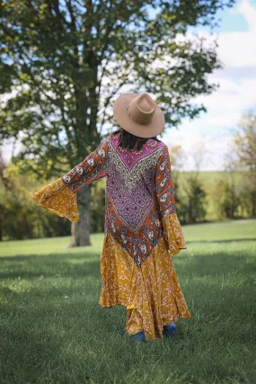 Sparrow Patchwork Ruffled Boho Kimono Duster - Mustard Mix