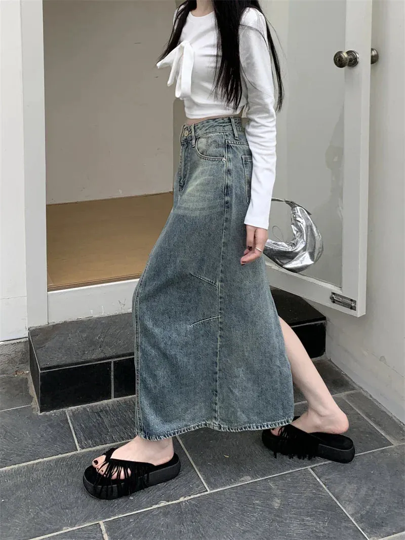 Street Retro Split High Waist Casual Denim Skirt