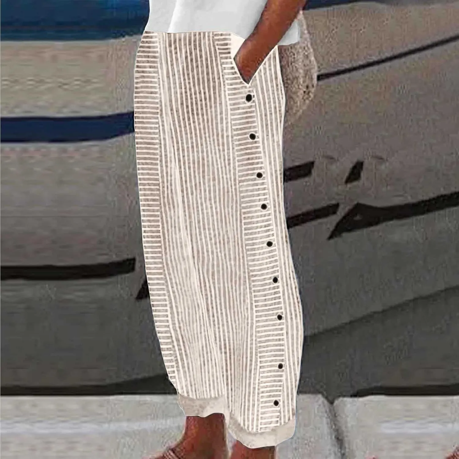 Striped Linen Pants Women Side Button Up Trendy Pants Baggy Elastic Waist Straight Leg Comfort Trousers with Pocket