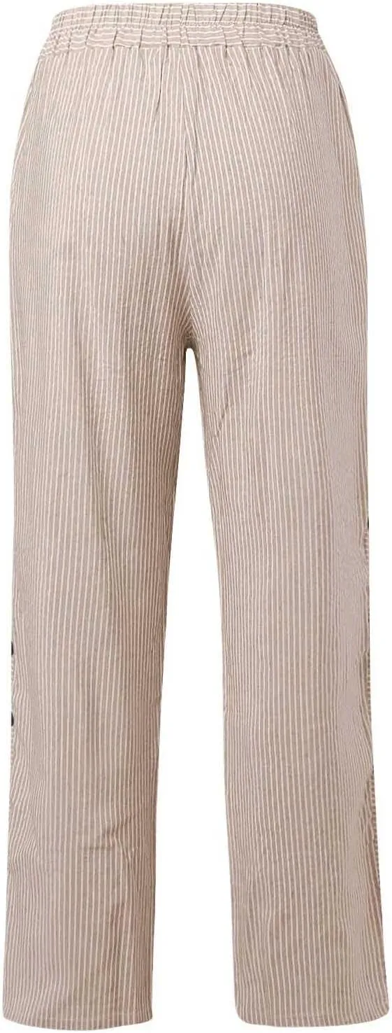 Striped Linen Pants Women Side Button Up Trendy Pants Baggy Elastic Waist Straight Leg Comfort Trousers with Pocket
