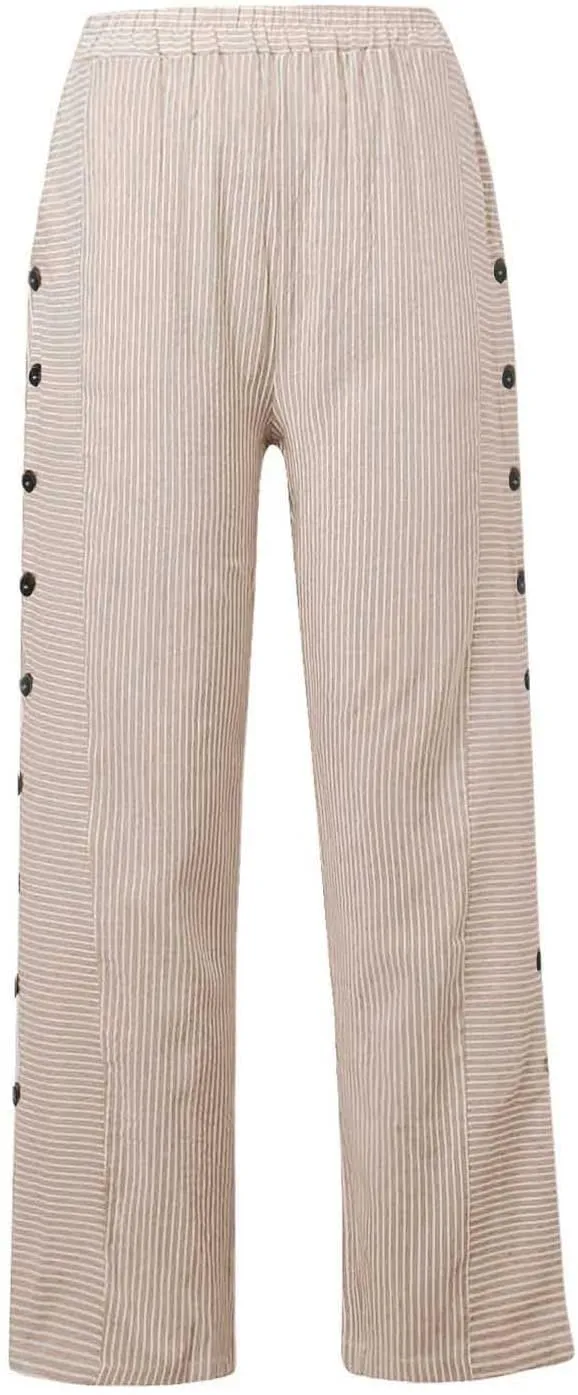 Striped Linen Pants Women Side Button Up Trendy Pants Baggy Elastic Waist Straight Leg Comfort Trousers with Pocket