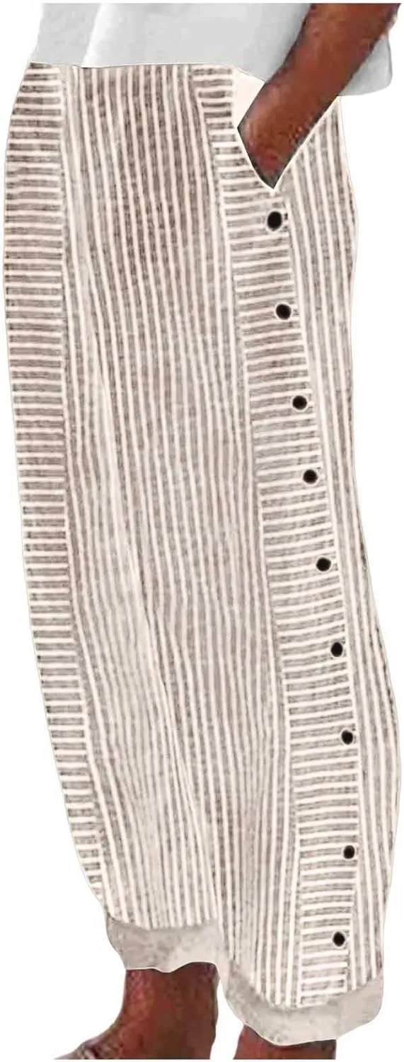 Striped Linen Pants Women Side Button Up Trendy Pants Baggy Elastic Waist Straight Leg Comfort Trousers with Pocket