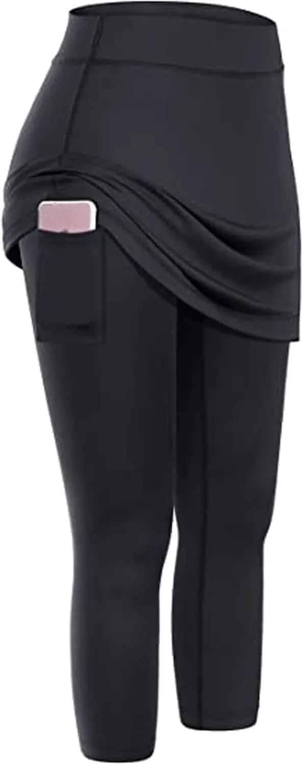 Tennis Skirted Leggings with Pockets for Women Yoga Legging with Skirts Tummy Control High Waist Athletic Sport Pants
