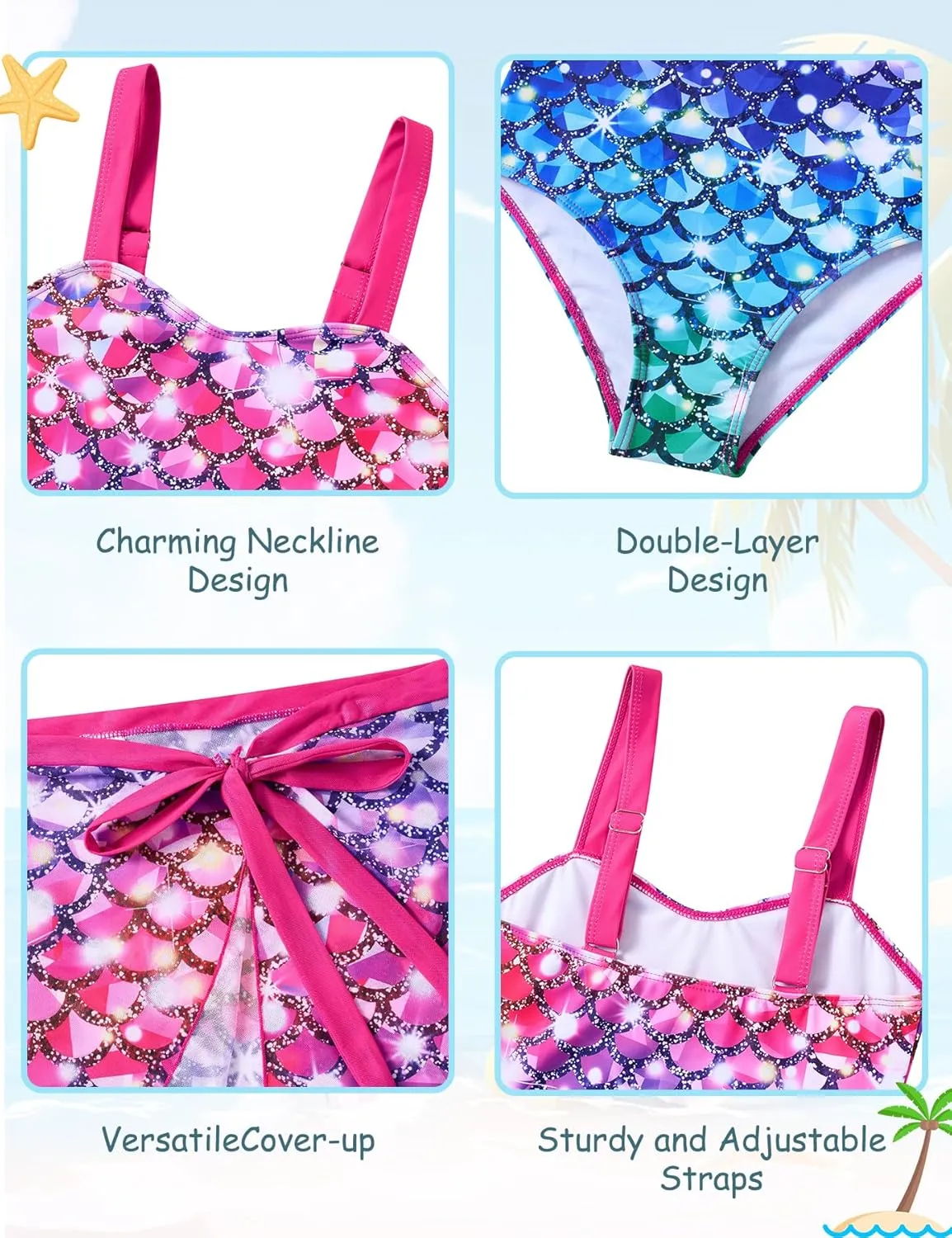 UNIFACO Girls One Piece Swimsuit with Cover Up Skirt 2 Piece Bathing Suit Swimwear Sets 6-12T