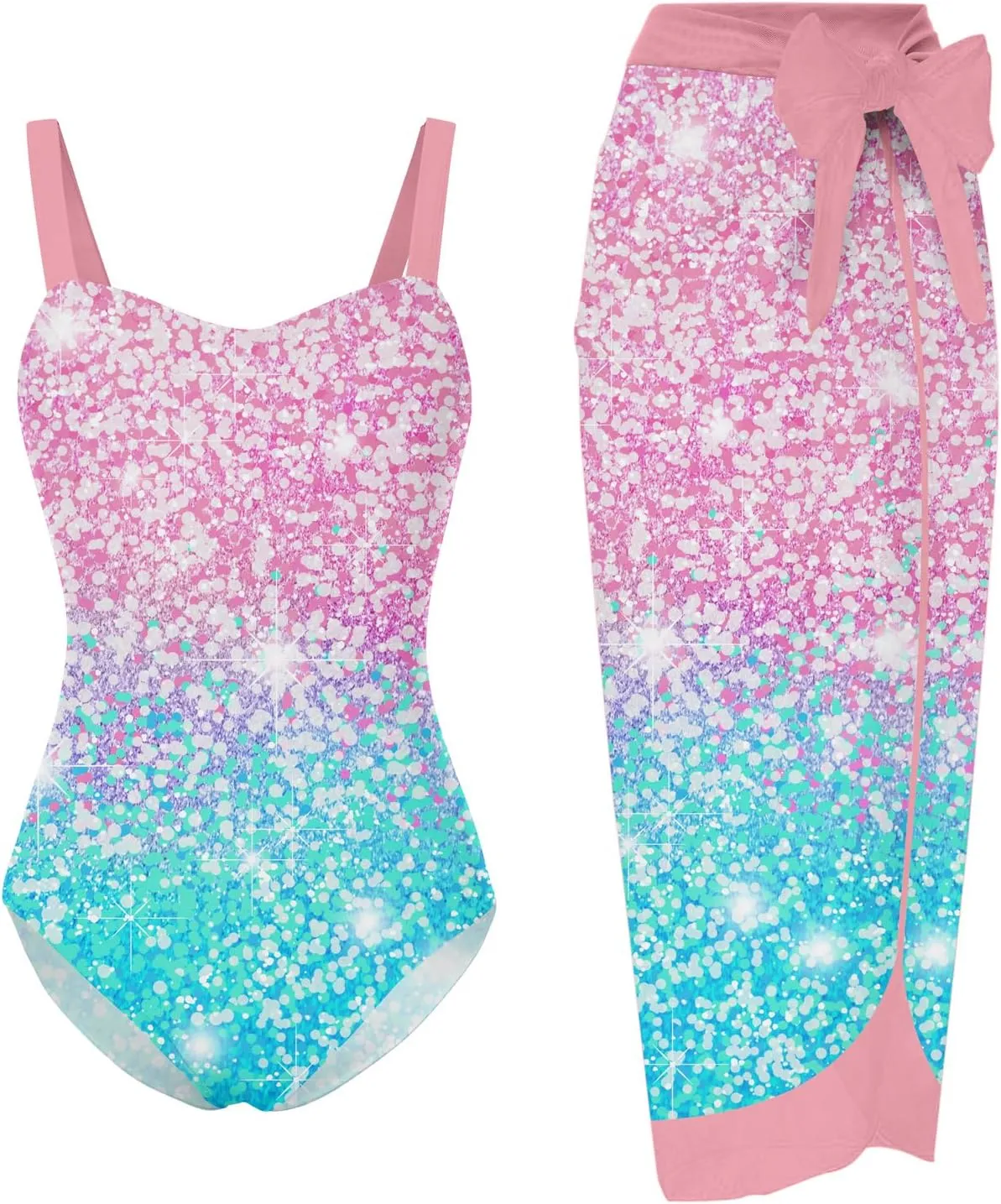 UNIFACO Girls One Piece Swimsuit with Cover Up Skirt 2 Piece Bathing Suit Swimwear Sets 6-12T
