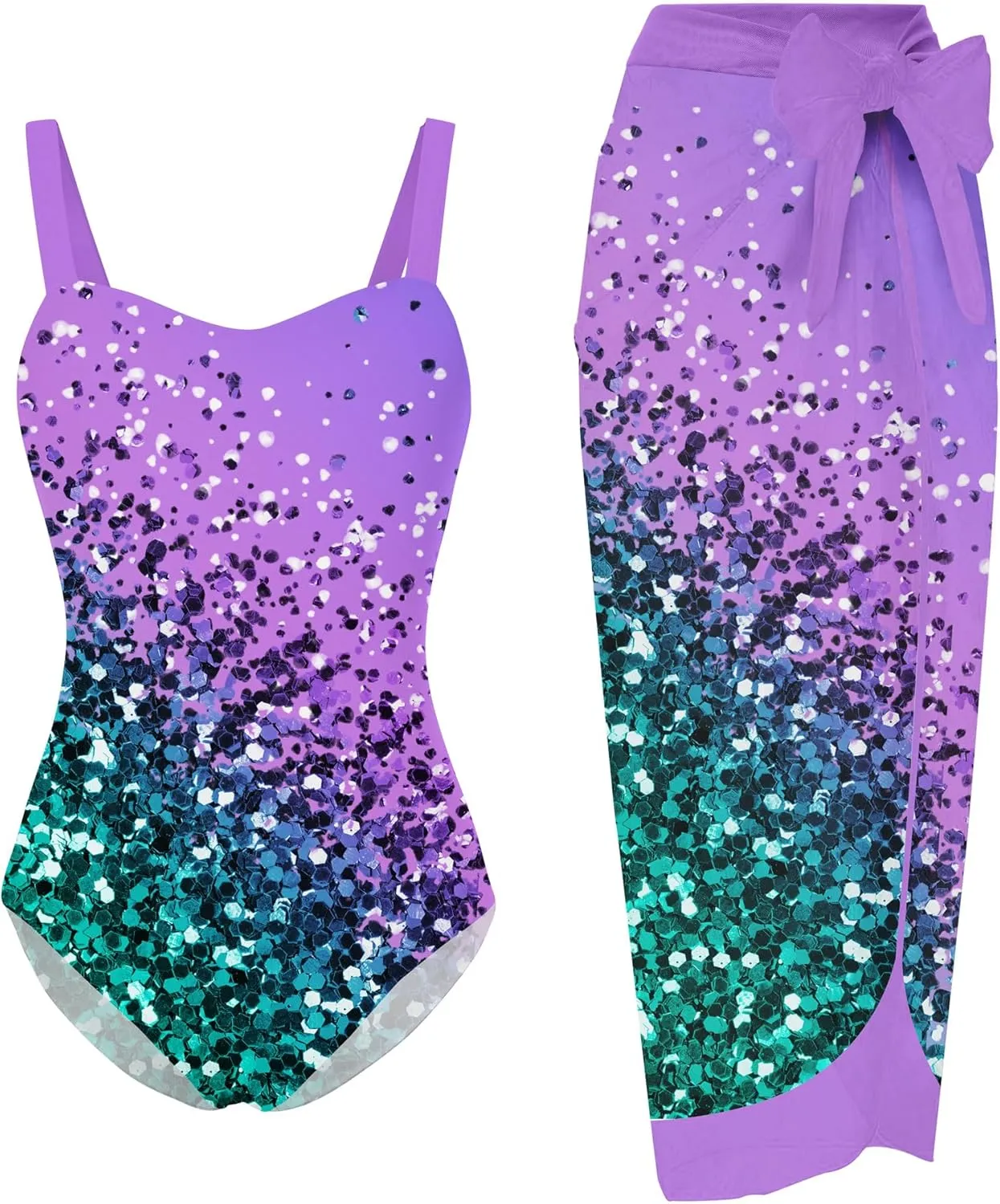UNIFACO Girls One Piece Swimsuit with Cover Up Skirt 2 Piece Bathing Suit Swimwear Sets 6-12T