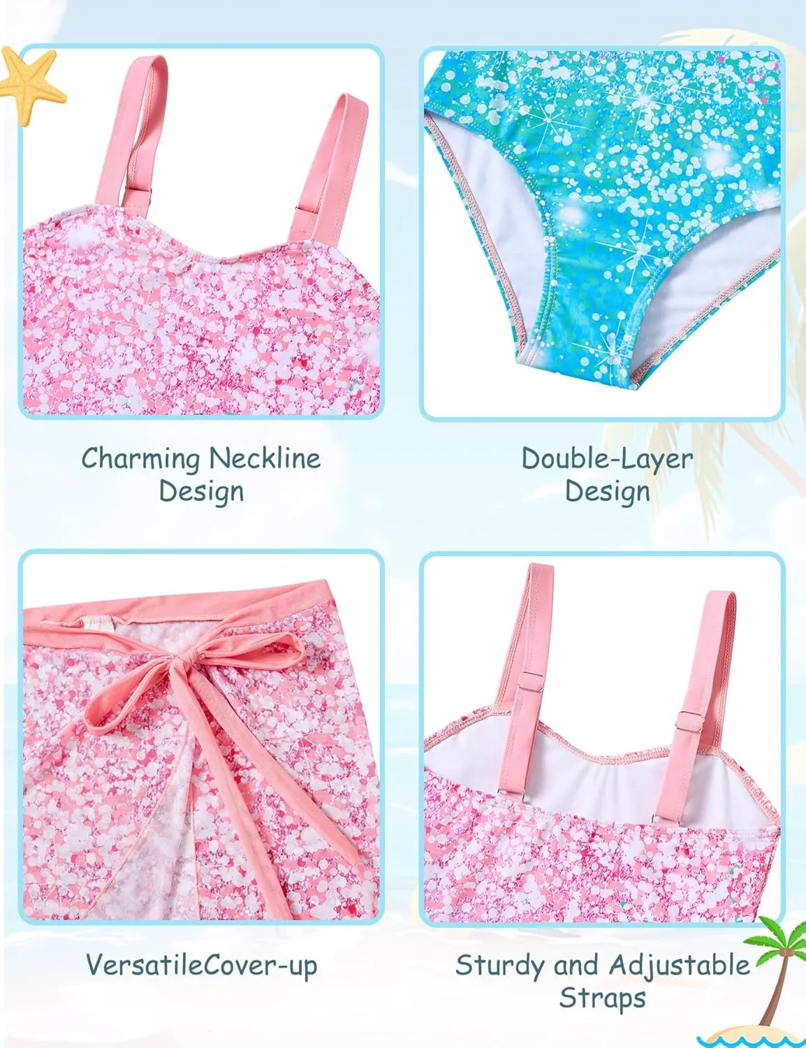 UNIFACO Girls One Piece Swimsuit with Cover Up Skirt 2 Piece Bathing Suit Swimwear Sets 6-12T