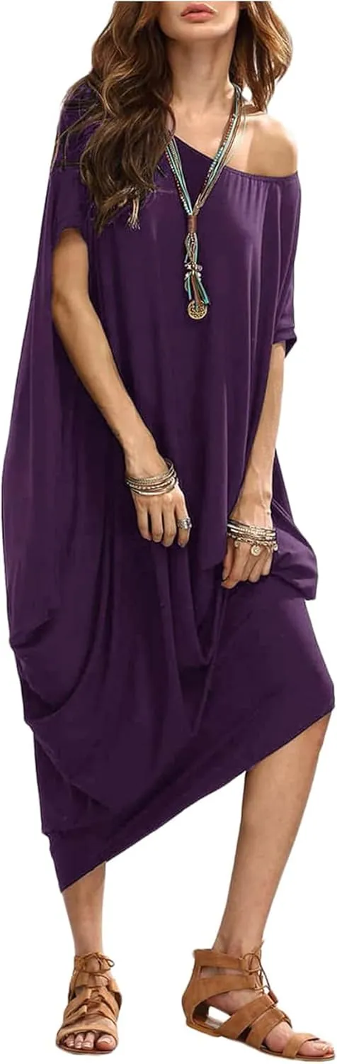 Verdusa Women's Boat Neck Dolman Sleeve Caftan Harem Oversized Maxi Dress
