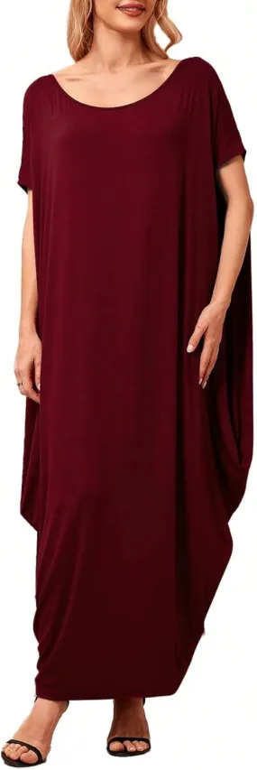 Verdusa Women's Boat Neck Dolman Sleeve Caftan Harem Oversized Maxi Dress