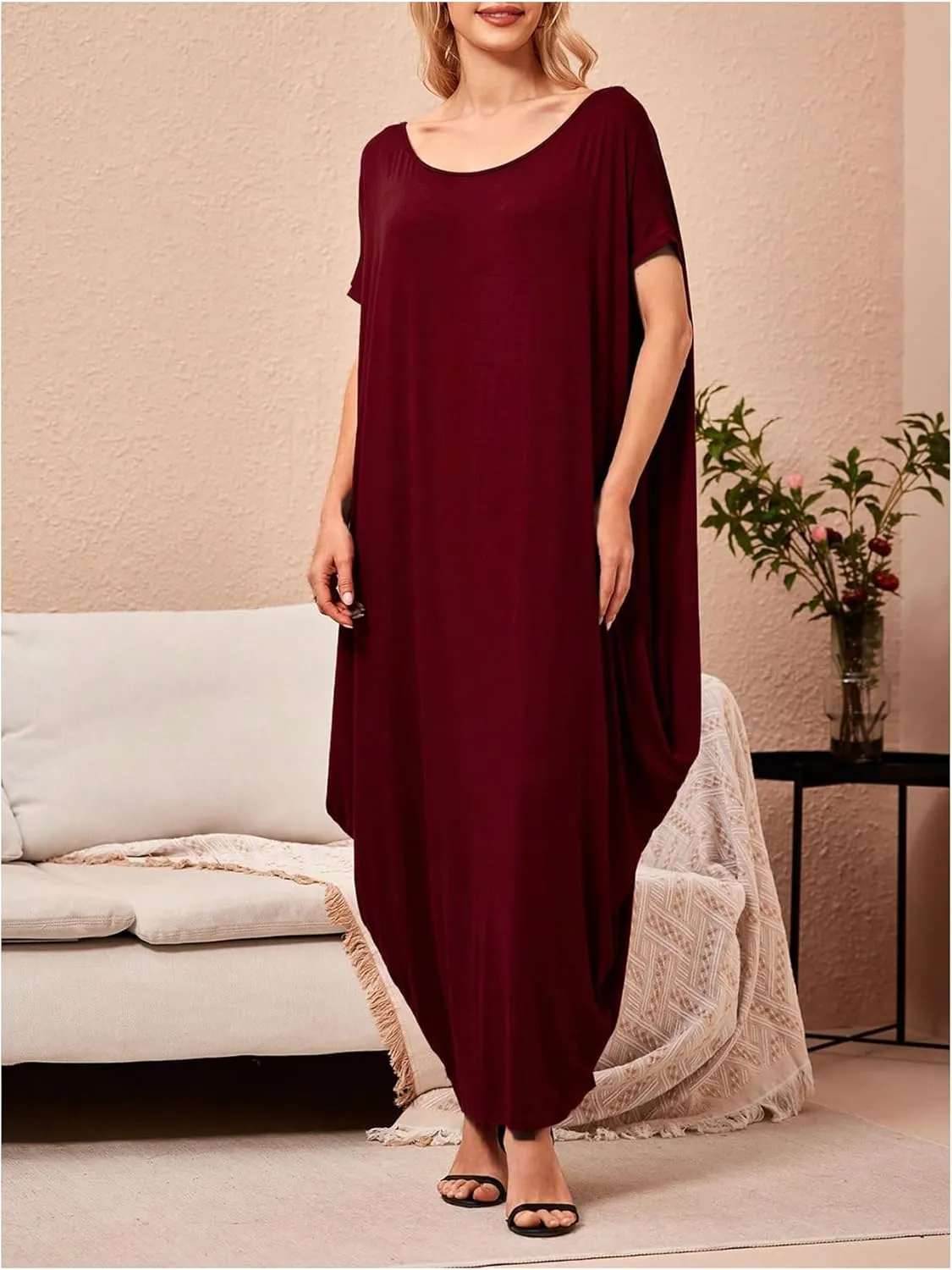 Verdusa Women's Boat Neck Dolman Sleeve Caftan Harem Oversized Maxi Dress