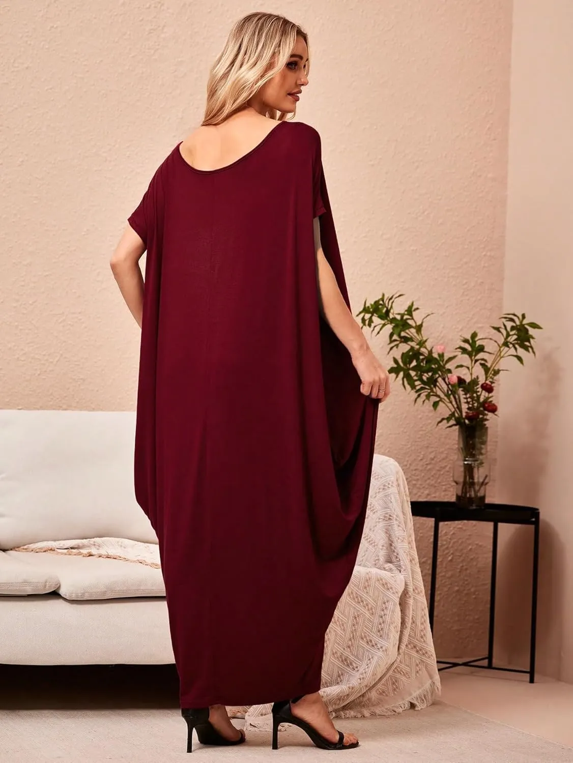 Verdusa Women's Boat Neck Dolman Sleeve Caftan Harem Oversized Maxi Dress