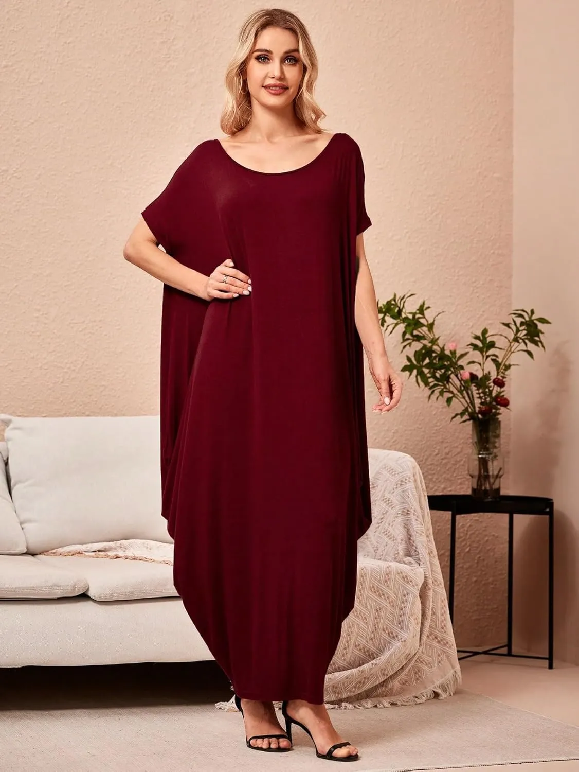 Verdusa Women's Boat Neck Dolman Sleeve Caftan Harem Oversized Maxi Dress
