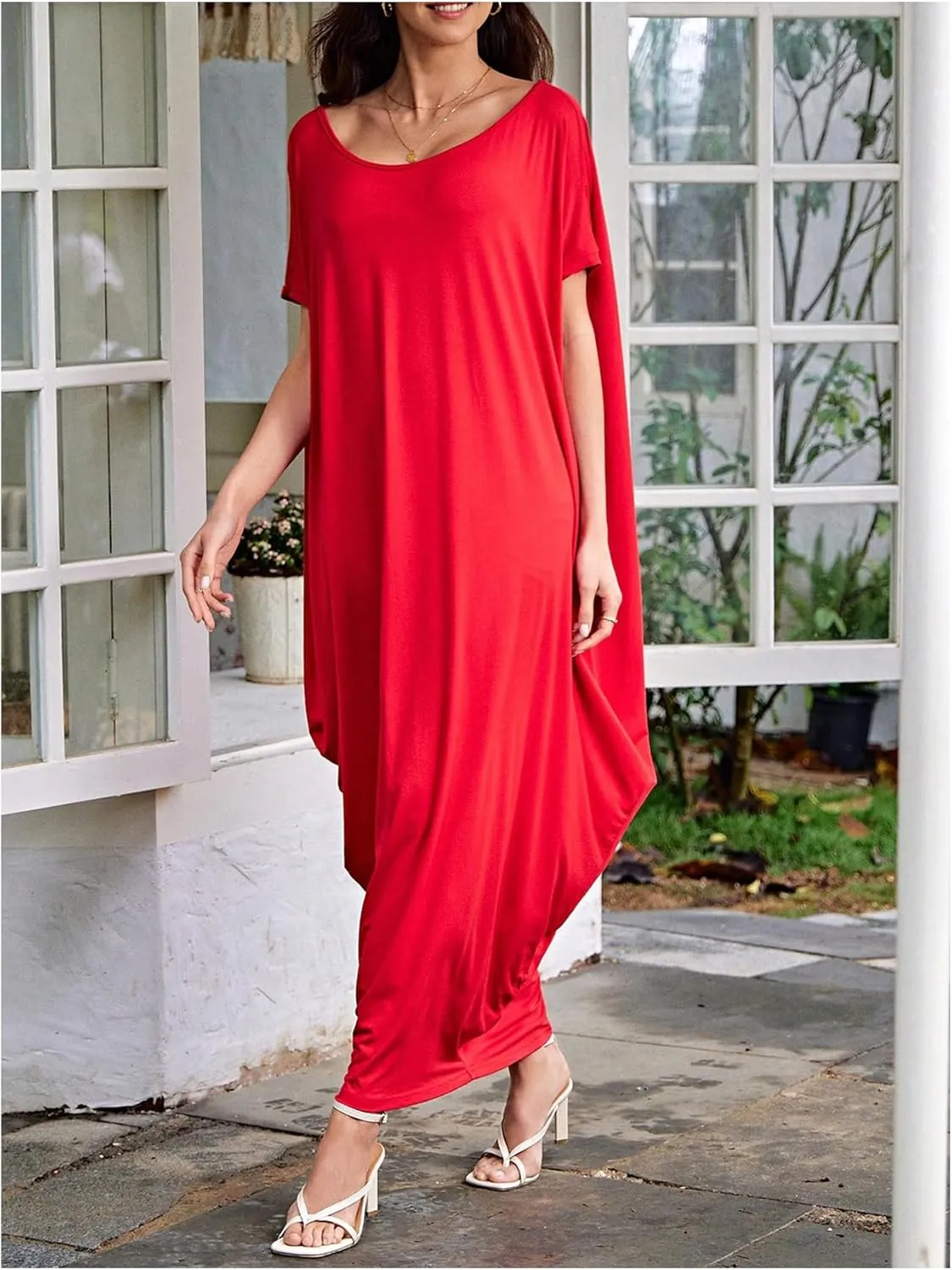 Verdusa Women's Boat Neck Dolman Sleeve Caftan Harem Oversized Maxi Dress