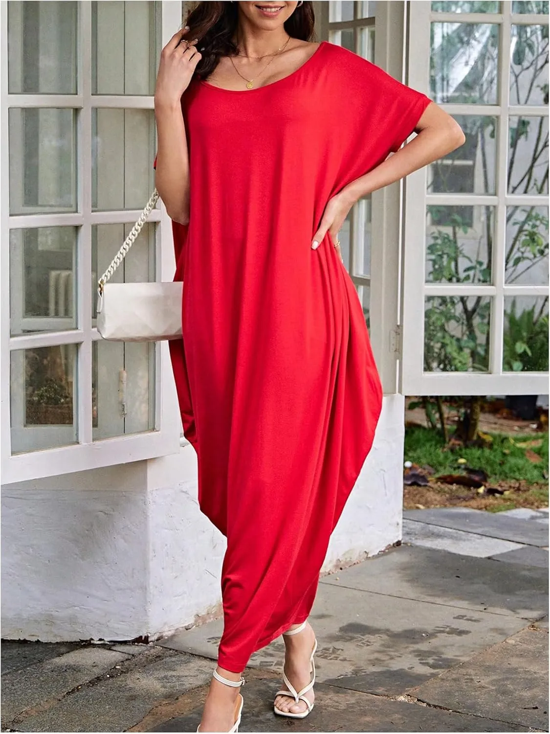 Verdusa Women's Boat Neck Dolman Sleeve Caftan Harem Oversized Maxi Dress
