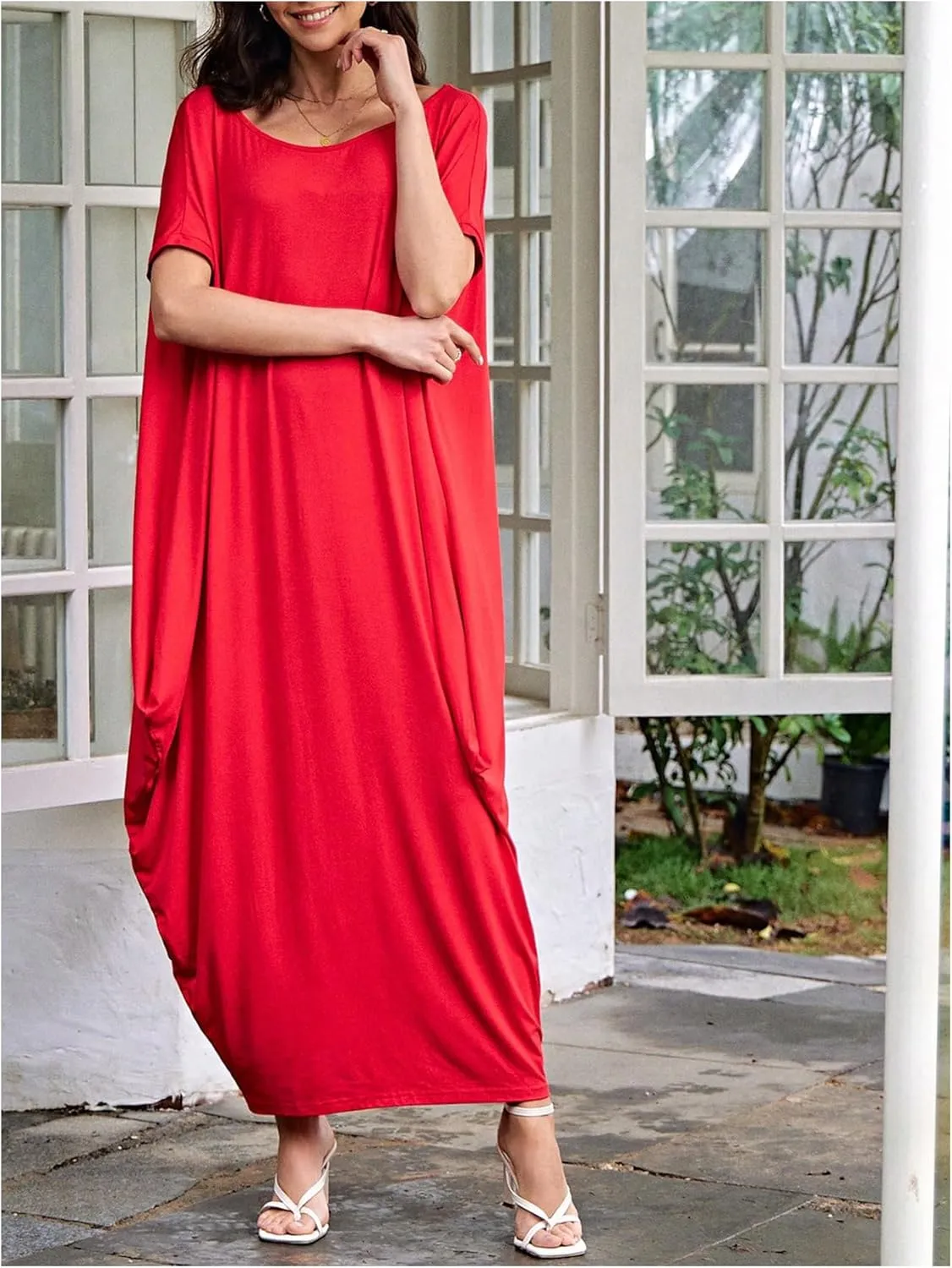 Verdusa Women's Boat Neck Dolman Sleeve Caftan Harem Oversized Maxi Dress