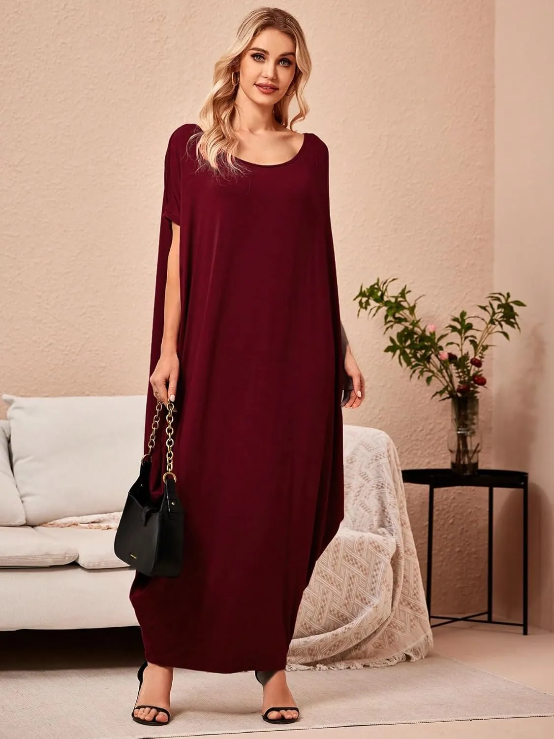 Verdusa Women's Boat Neck Dolman Sleeve Caftan Harem Oversized Maxi Dress