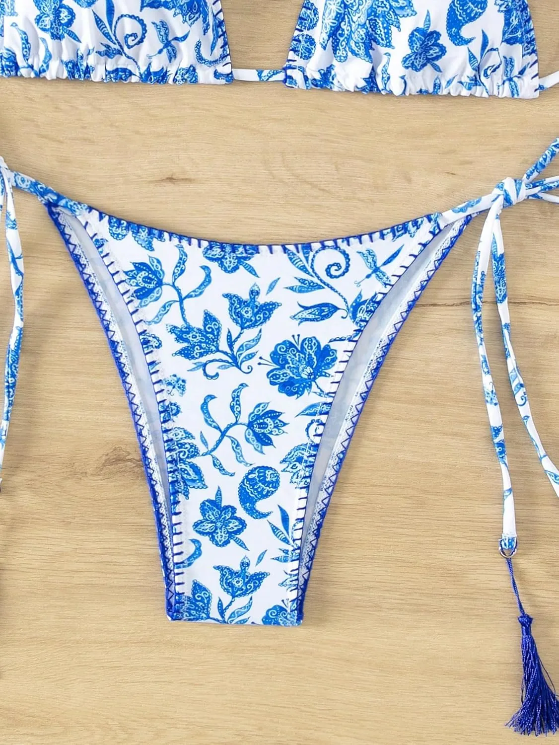 Verdusa Women's Halter Two Piece Bikini Set Tassel Vintage Floral Cheeky Triangle Top Thong Bathing Suit