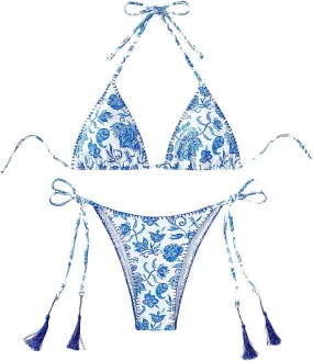 Verdusa Women's Halter Two Piece Bikini Set Tassel Vintage Floral Cheeky Triangle Top Thong Bathing Suit