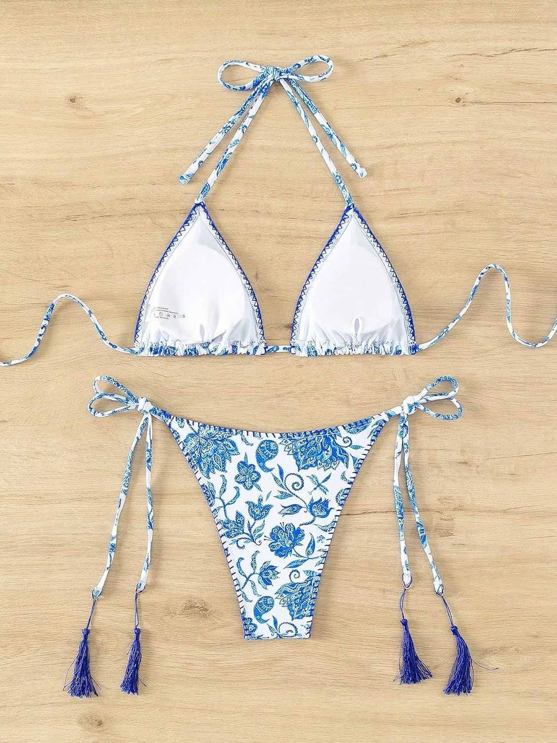Verdusa Women's Halter Two Piece Bikini Set Tassel Vintage Floral Cheeky Triangle Top Thong Bathing Suit