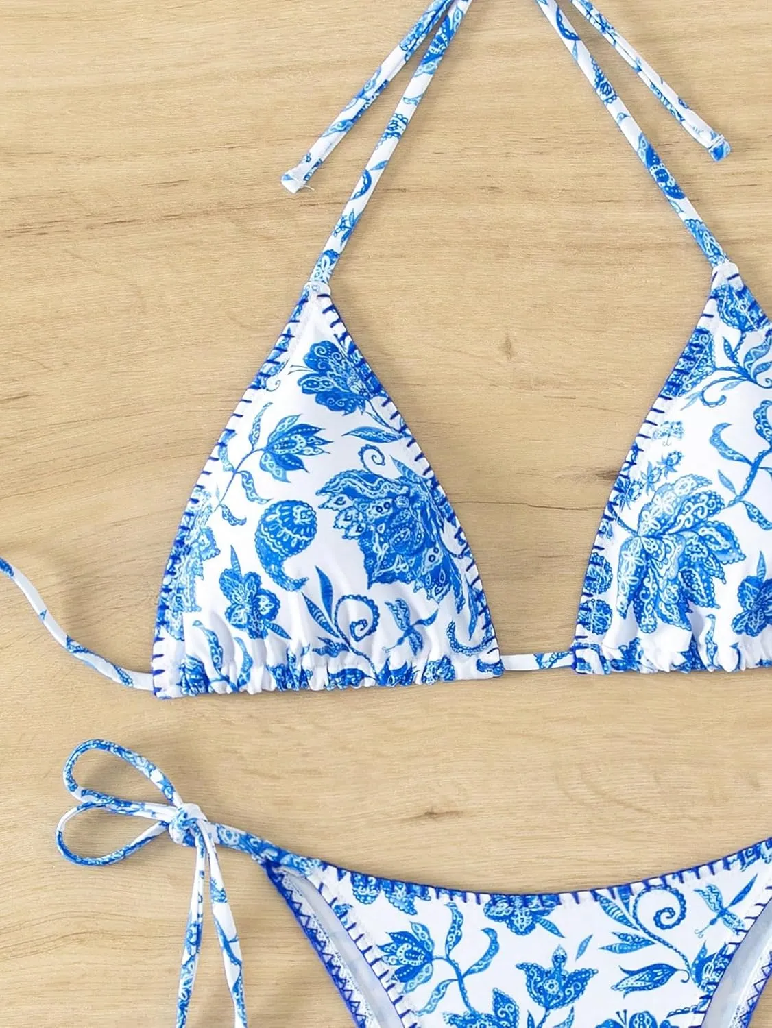 Verdusa Women's Halter Two Piece Bikini Set Tassel Vintage Floral Cheeky Triangle Top Thong Bathing Suit