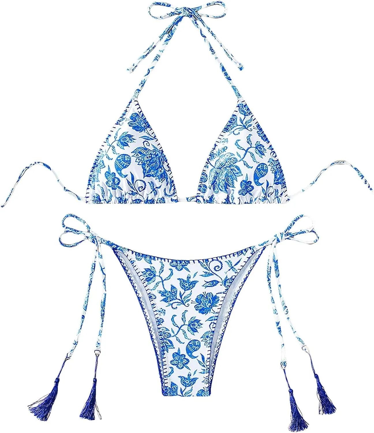 Verdusa Women's Halter Two Piece Bikini Set Tassel Vintage Floral Cheeky Triangle Top Thong Bathing Suit
