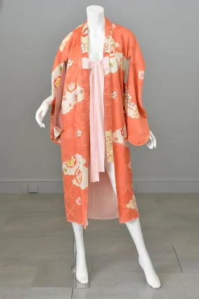 Vintage Kimono Coral and Pink Retro Floral and Cloud Print