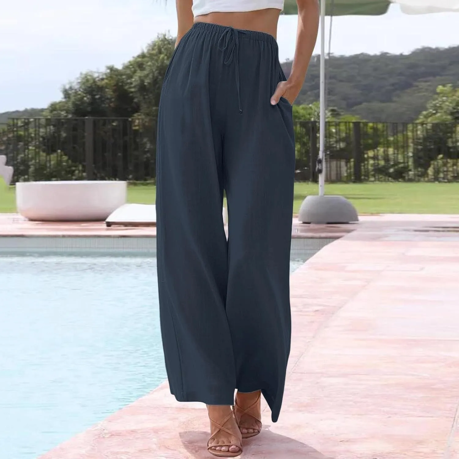 Wide Leg Pants for Women Dressy Casual Cotton Linen Summer Palazzo Pant Drawstring Flowy Beach Trousers with Pockets