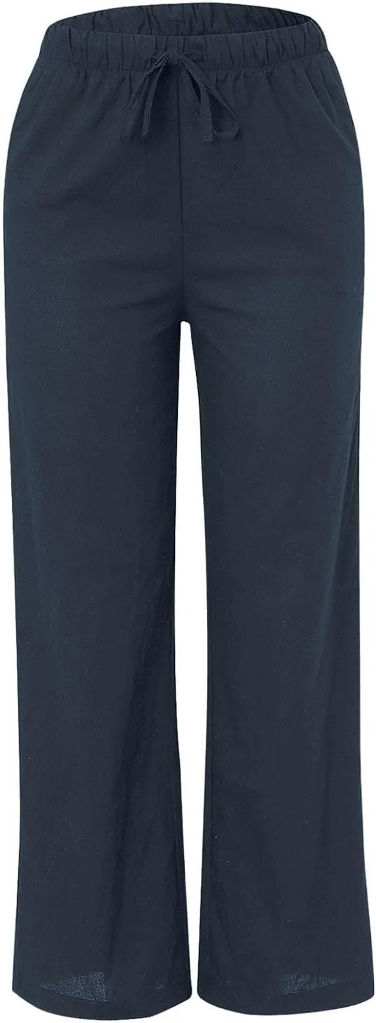 Wide Leg Pants for Women Dressy Casual Cotton Linen Summer Palazzo Pant Drawstring Flowy Beach Trousers with Pockets