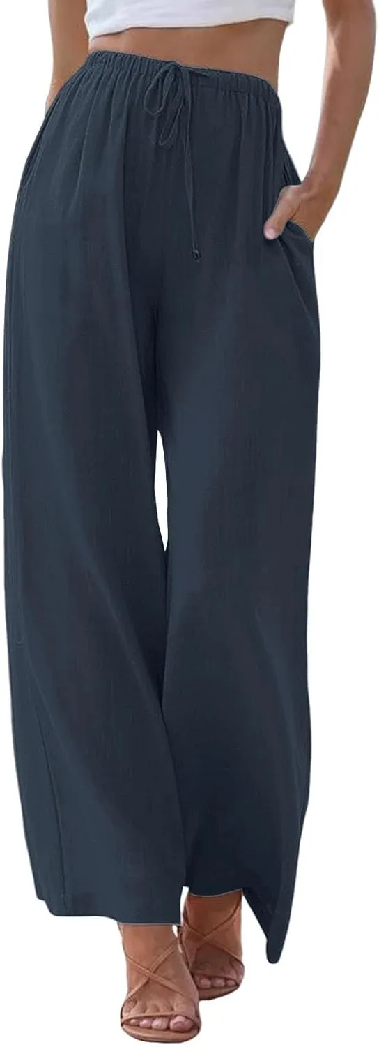 Wide Leg Pants for Women Dressy Casual Cotton Linen Summer Palazzo Pant Drawstring Flowy Beach Trousers with Pockets