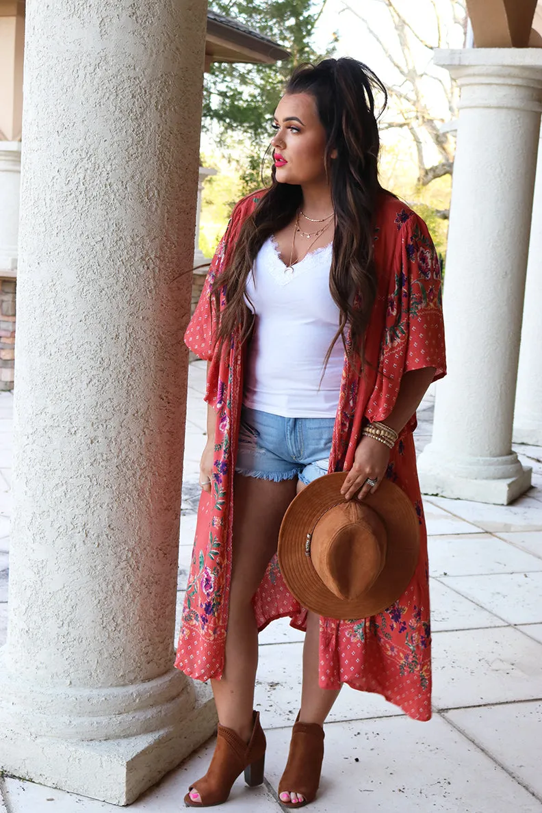 Wild Flora Mixed Pattern Floral Kimono - Coral