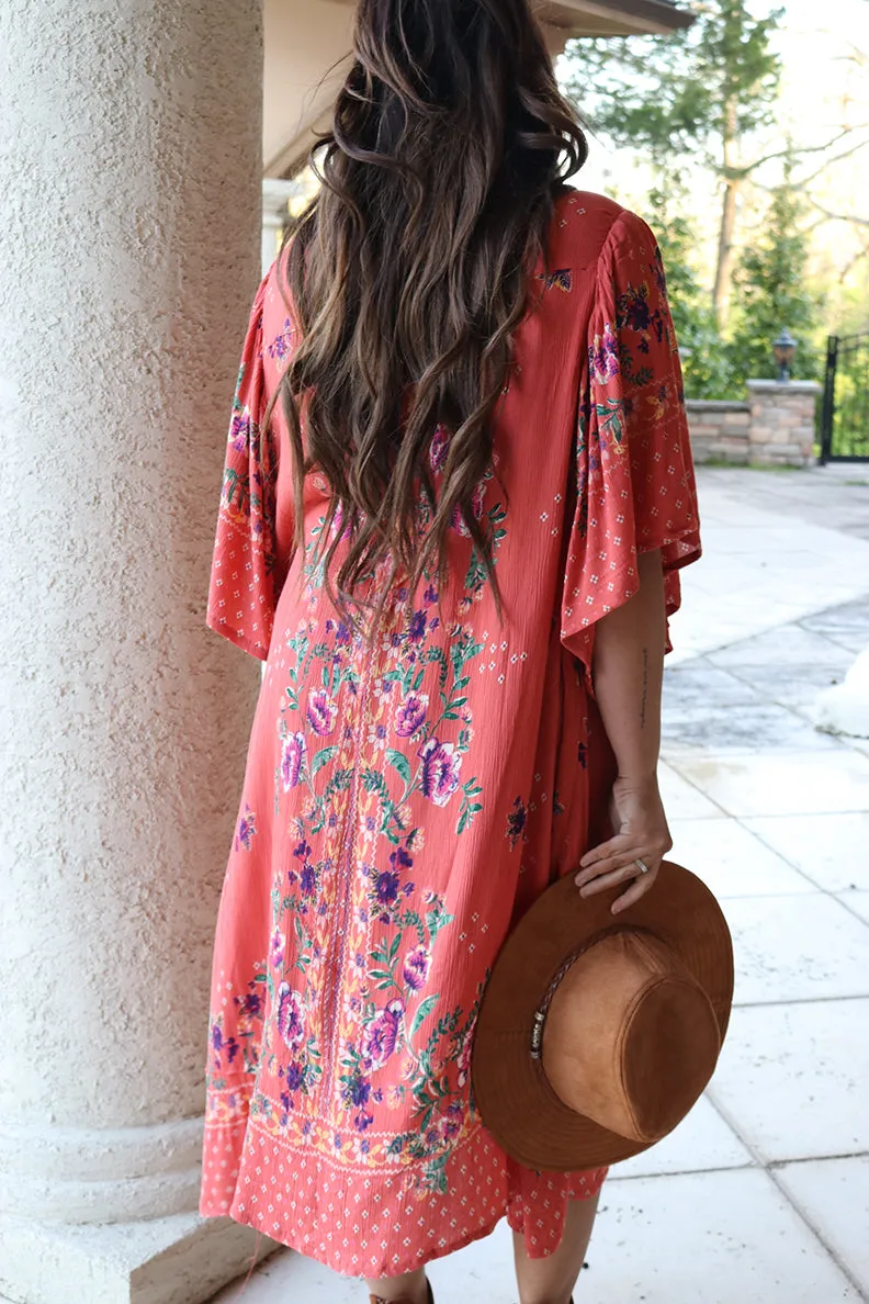 Wild Flora Mixed Pattern Floral Kimono - Coral
