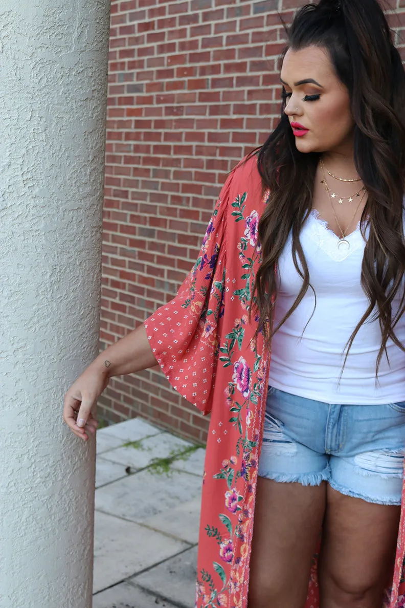 Wild Flora Mixed Pattern Floral Kimono - Coral