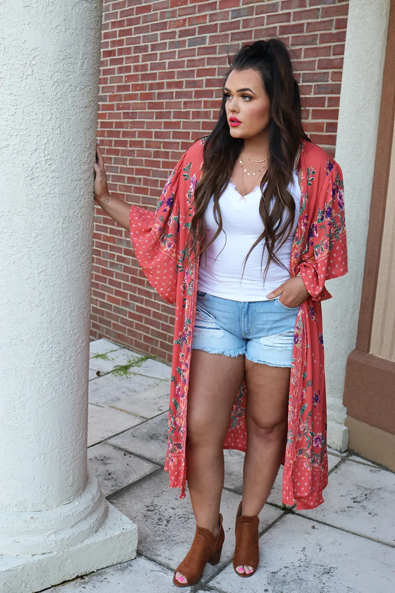 Wild Flora Mixed Pattern Floral Kimono - Coral