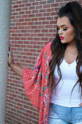 Wild Flora Mixed Pattern Floral Kimono - Coral