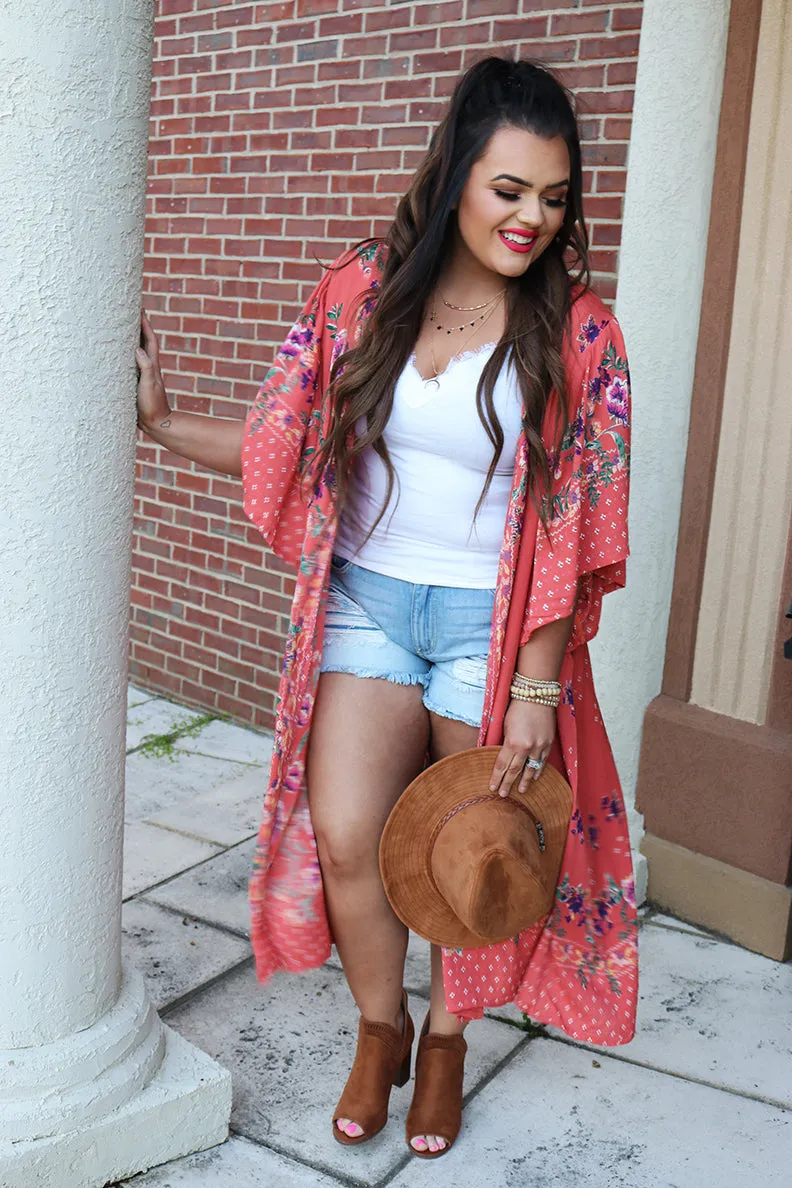 Wild Flora Mixed Pattern Floral Kimono - Coral