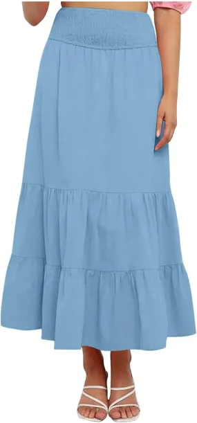 Women A-Line Pleated Elastic High Waist Maxi Skirt Ankle Length Flowy Swing Elegant Dressy Casual Work Long Skirts