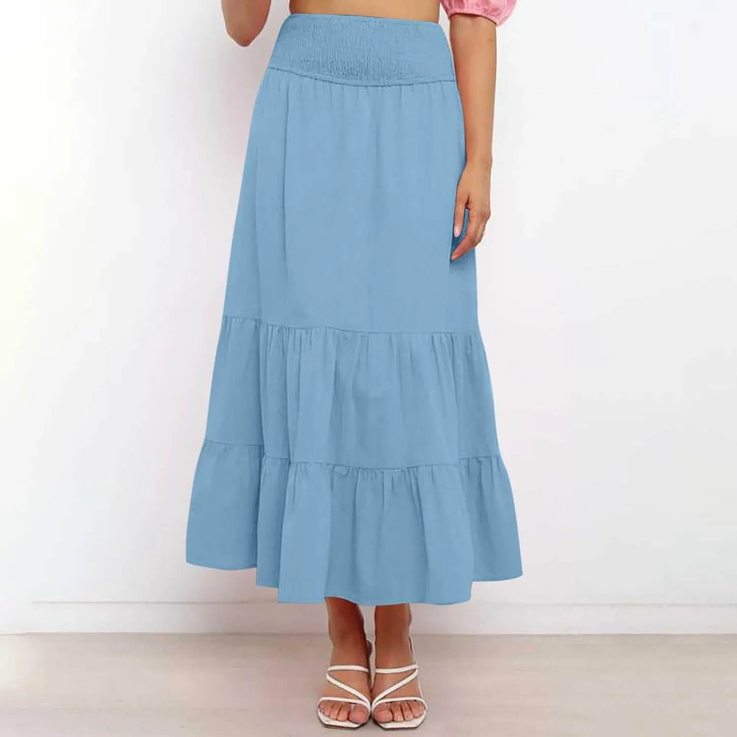 Women A-Line Pleated Elastic High Waist Maxi Skirt Ankle Length Flowy Swing Elegant Dressy Casual Work Long Skirts