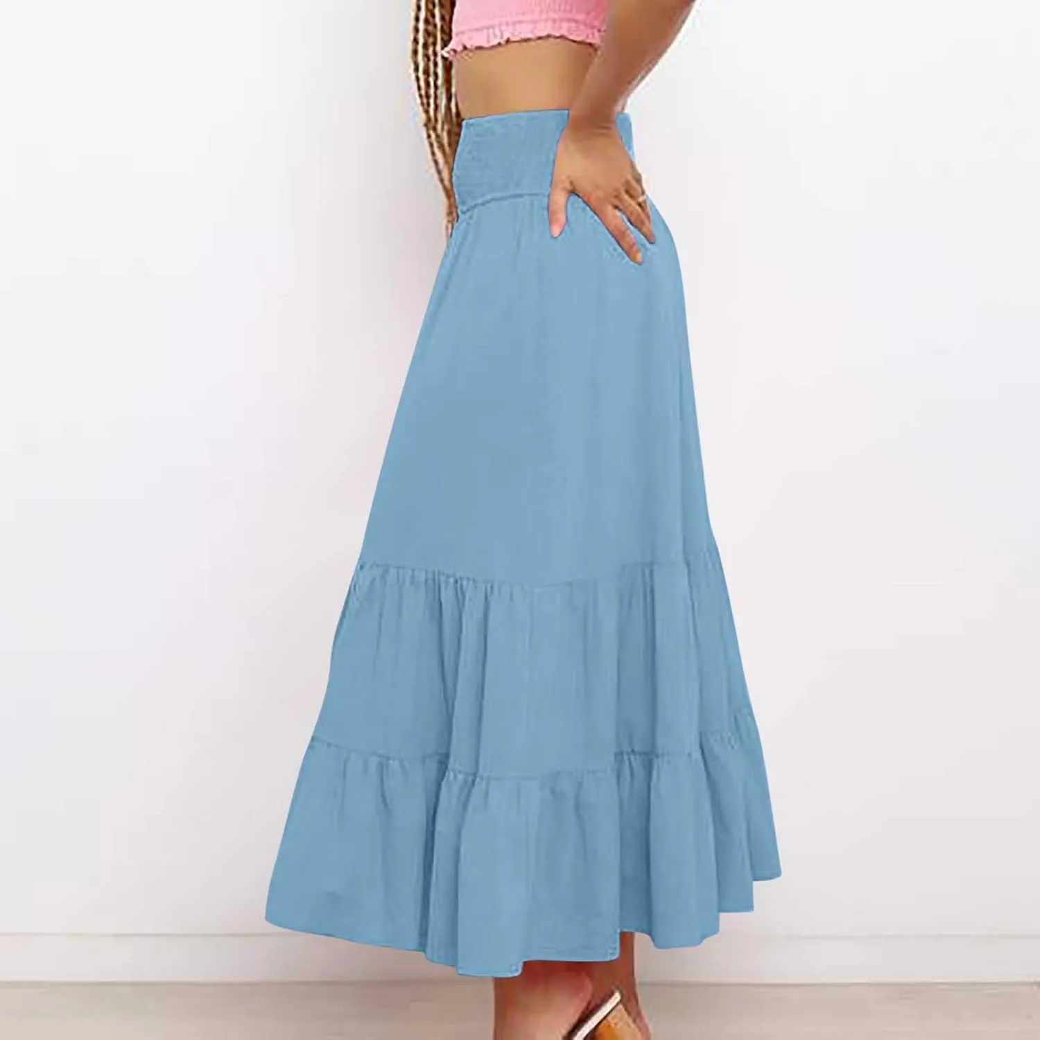 Women A-Line Pleated Elastic High Waist Maxi Skirt Ankle Length Flowy Swing Elegant Dressy Casual Work Long Skirts